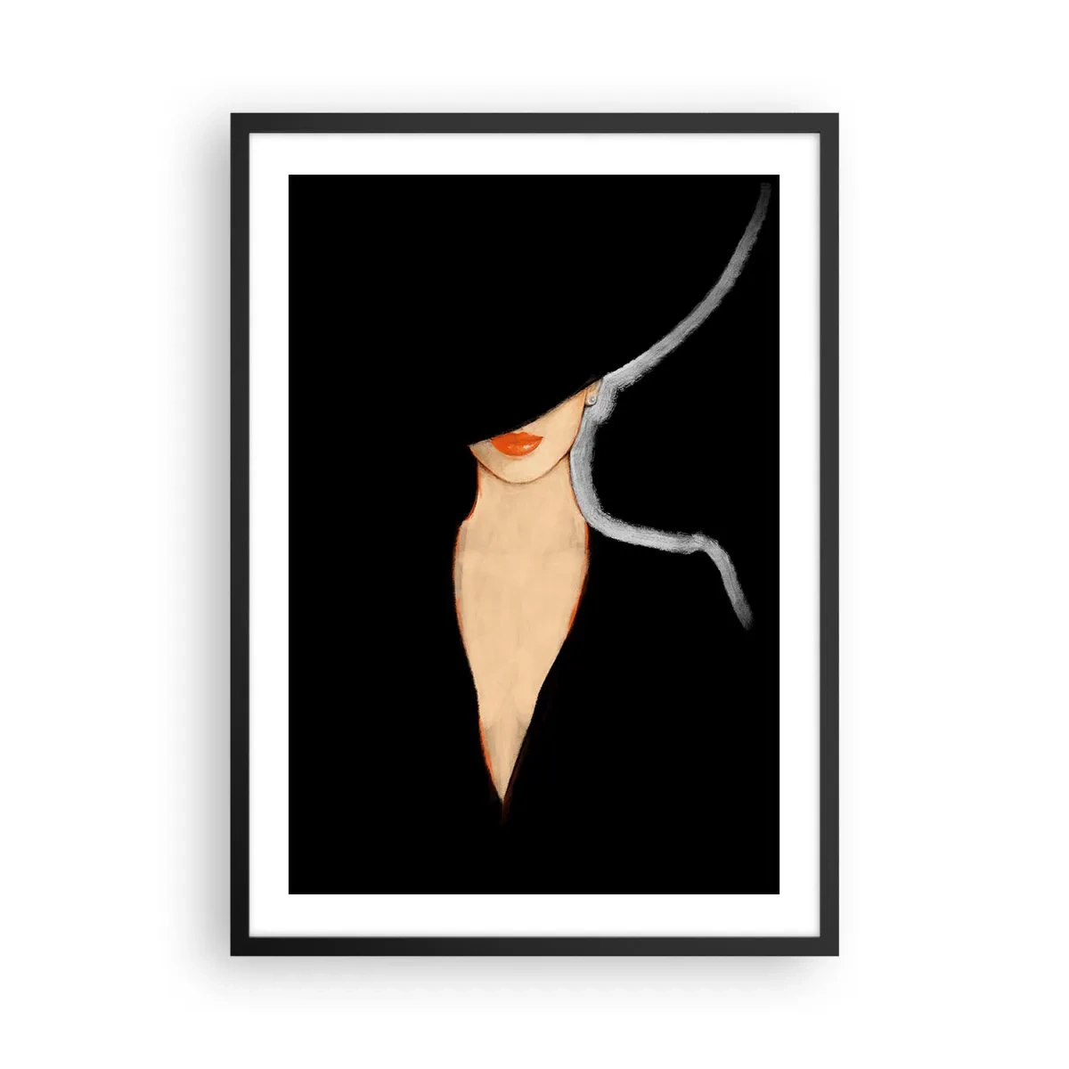 Affiche dans un cadre noir - Poster - Une femme avec un chapeau et des lèvres rouges sur fond noir - 50x70cm - Élégance et style - Décoration murale moderne pour le salon et la chambre ARTTOR