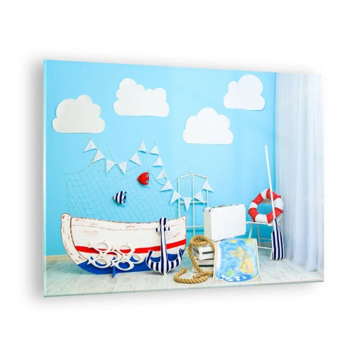 Impression sur verre - Image sur verre - Scène marine décorative avec un bateau et des accessoires nautiques - 70x50cm - Nostalgie infantile de l'aventure - Décoration murale moderne pour le salon et la chambre ARTTOR