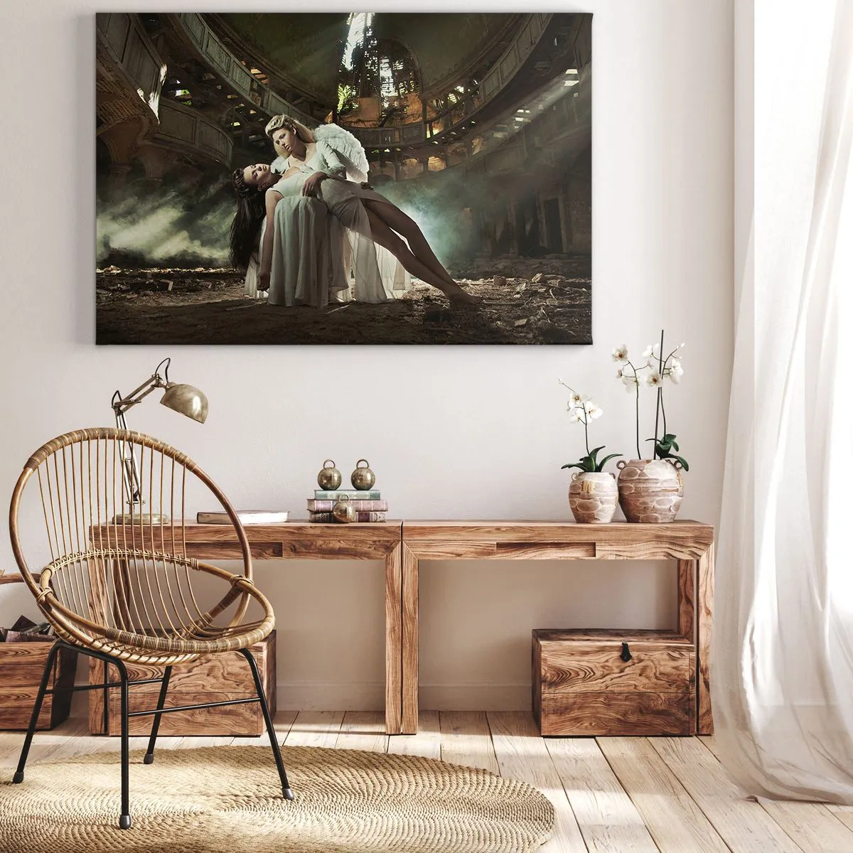 Impression sur toile - Image sur toile - Deux personnages en ruines avec un jeu de lumière - 70x50cm - L'esprit du théâtre ancien - Décoration murale moderne pour le salon et la chambre ARTTOR