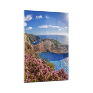 Impression sur verre - Image sur verre - Une falaise fleurie, une mer turquoise et un paysage grec ensoleillé - 70x100cm - Mes super vacances grecques - Décoration murale moderne pour le salon et la chambre ARTTOR