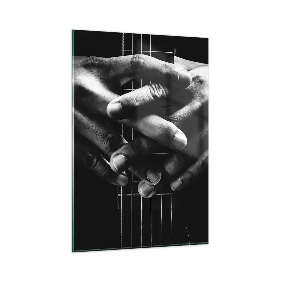 Impression sur verre - Image sur verre - Mains jointes sur une guitare dans un ton monochrome - 80x120cm - Prière d'artiste - Décoration murale moderne pour le salon et la chambre ARTTOR