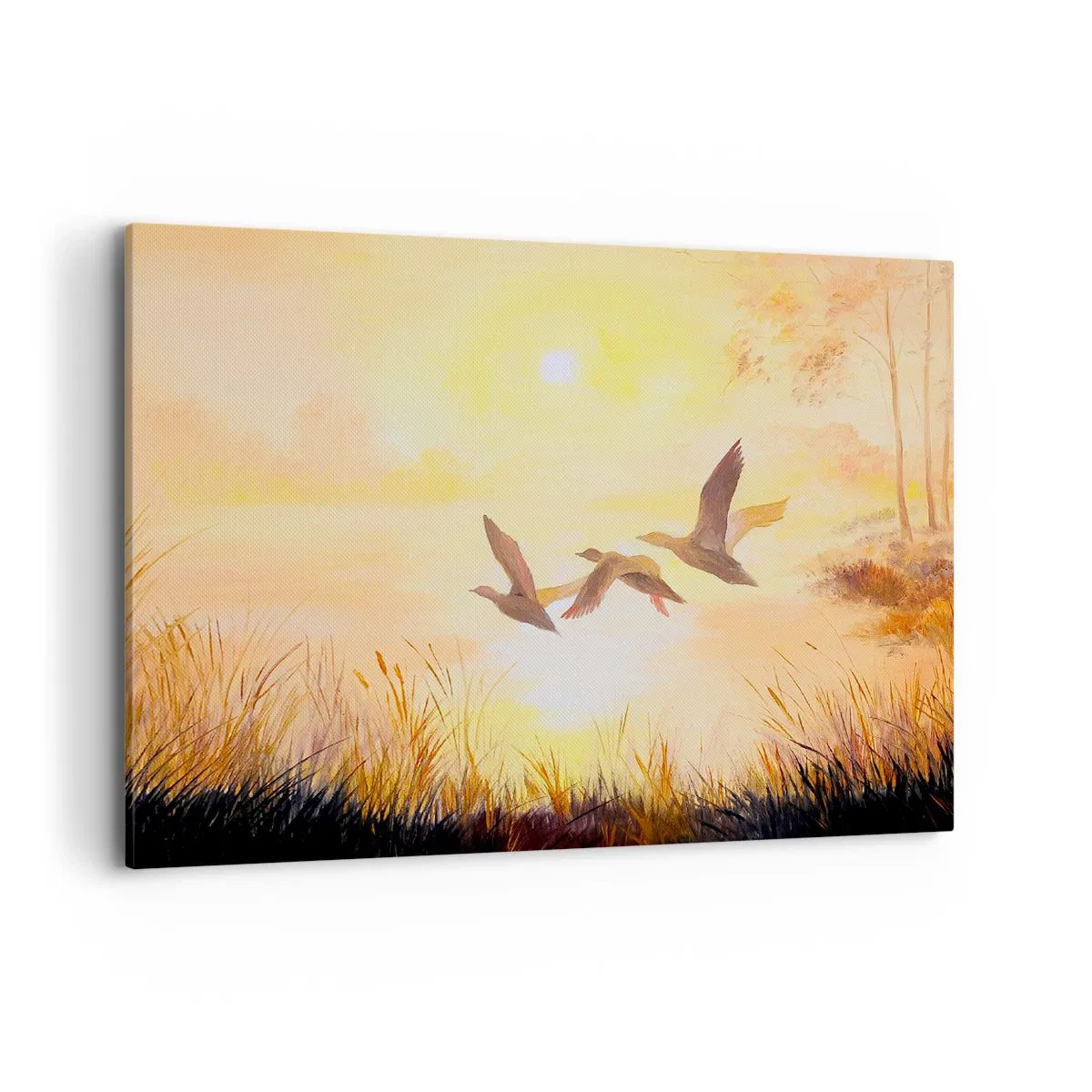Impression sur toile - Image sur toile - Canards volant au lever du soleil au-dessus du lac - 100x70cm - Le début d'un long voyage - Décoration murale moderne pour le salon et la chambre ARTTOR
