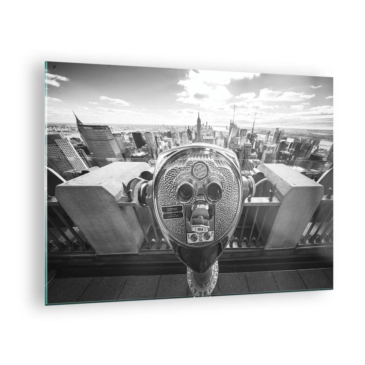 Impression sur verre - Image sur verre - Vue en noir et blanc de New York avec un télescope d'observation - 70x50cm - Ville sur les villes - Décoration murale moderne pour le salon et la chambre ARTTOR