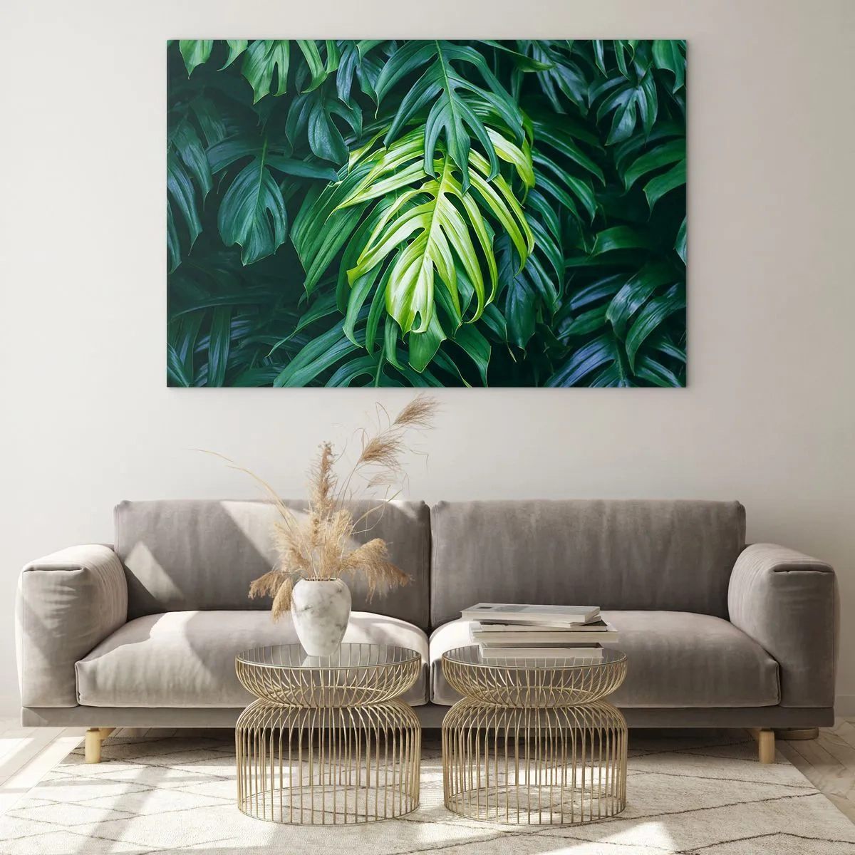 Impression sur verre - Image sur verre - Feuilles de monstera vertes luxuriantes à la lumière naturelle - 100x70cm - Immergez-vous dans la fraîcheur - Décoration murale moderne pour le salon et la chambre ARTTOR