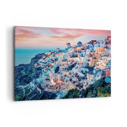 Impression sur toile - Image sur toile - Santorin au coucher du soleil avec des bâtiments blancs sur la colline - 100x70cm - Vos grandes vacances en Grèce - Décoration murale moderne pour le salon et la chambre ARTTOR