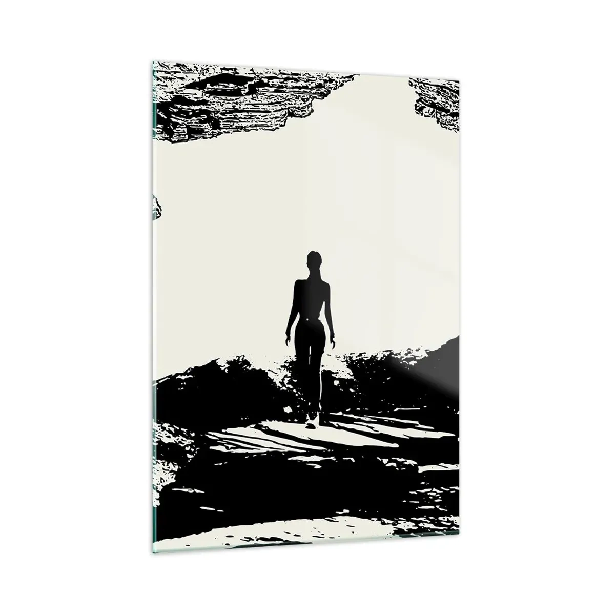 Impression sur verre - Image sur verre - Silhouette d'une femme sortant d'une grotte en graphisme noir et blanc - 50x70cm - Nouveau look - Décoration murale moderne pour le salon et la chambre ARTTOR