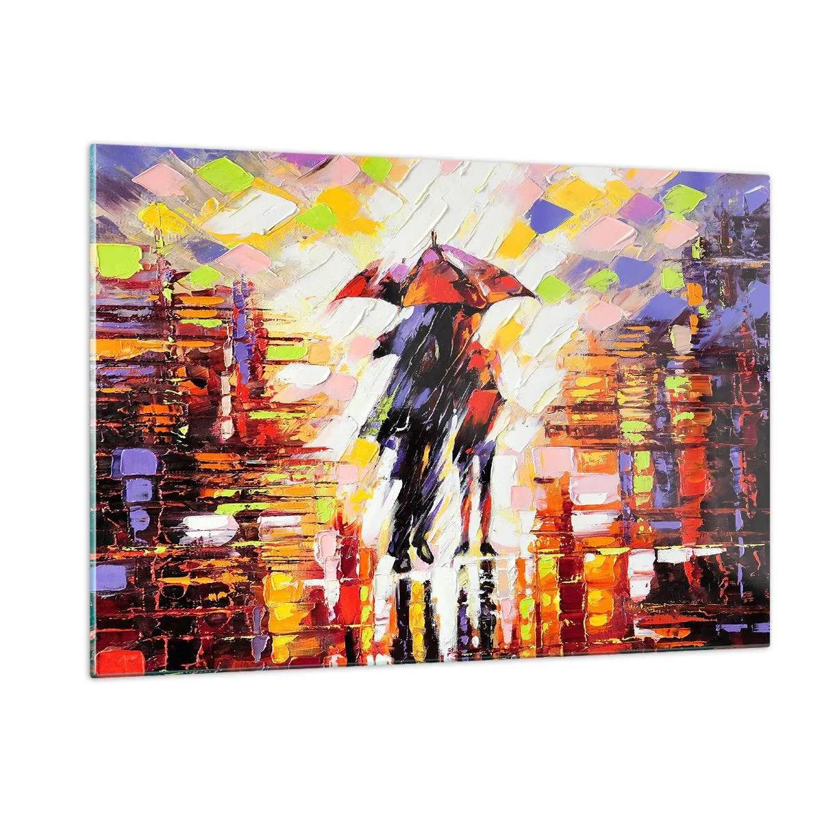 Impression sur verre - Image sur verre - Un couple sous un parapluie rouge dans une ville colorée - 120x80cm - Ensemble à travers la nuit et la pluie - Décoration murale moderne pour le salon et la chambre ARTTOR