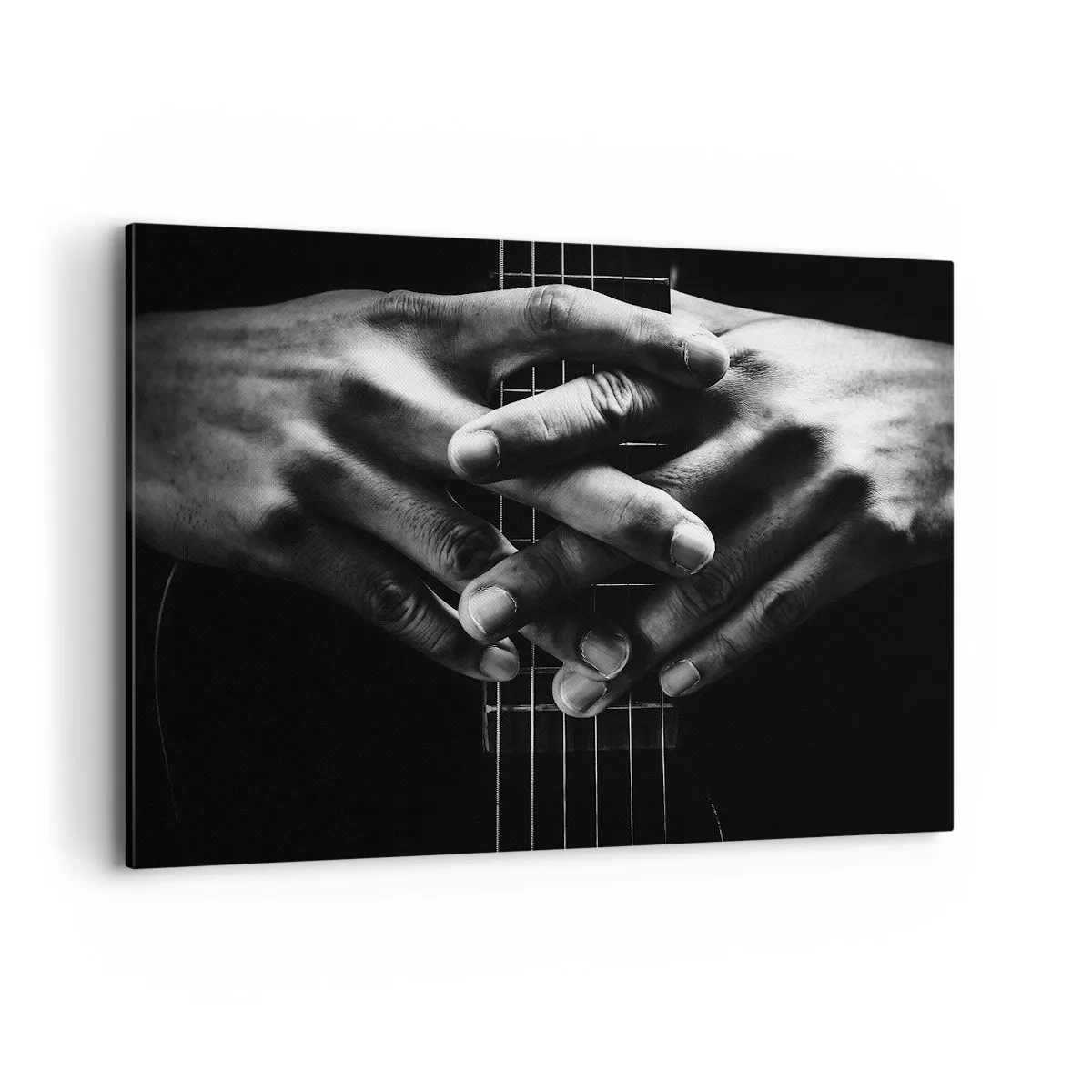 Impression sur toile - Image sur toile - Mains jointes sur une guitare dans un ton monochrome - 100x70cm - Prière d'artiste - Décoration murale moderne pour le salon et la chambre ARTTOR
