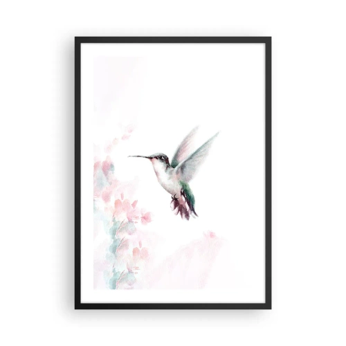 Affiche dans un cadre noir - Poster - Colibri en vol avec un fond floral délicat - 50x70cm - Immortalisé dans un battement - Décoration murale moderne pour le salon et la chambre ARTTOR