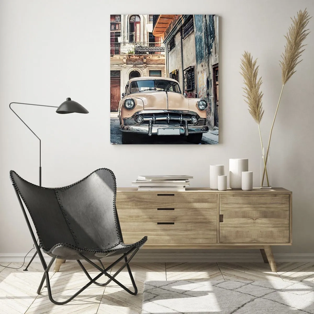 Impression sur verre - Image sur verre - Voiture rétro dans la rue de la vieille ville - 50x70cm - Sieste à La Havane - Décoration murale moderne pour le salon et la chambre ARTTOR