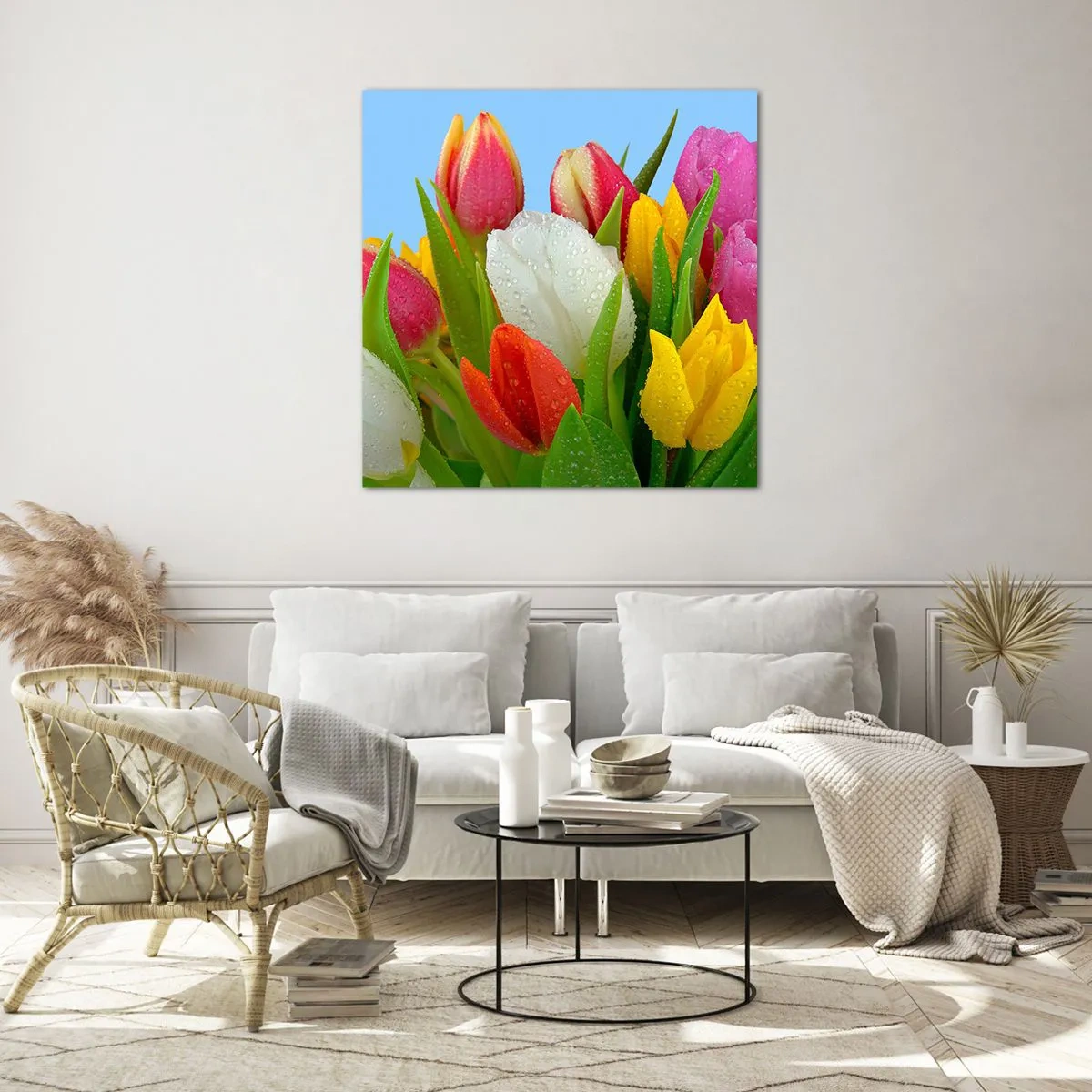 Impression sur verre - Image sur verre - Un arc-en-ciel fleuri en gouttes de rosée - 60x60 cm