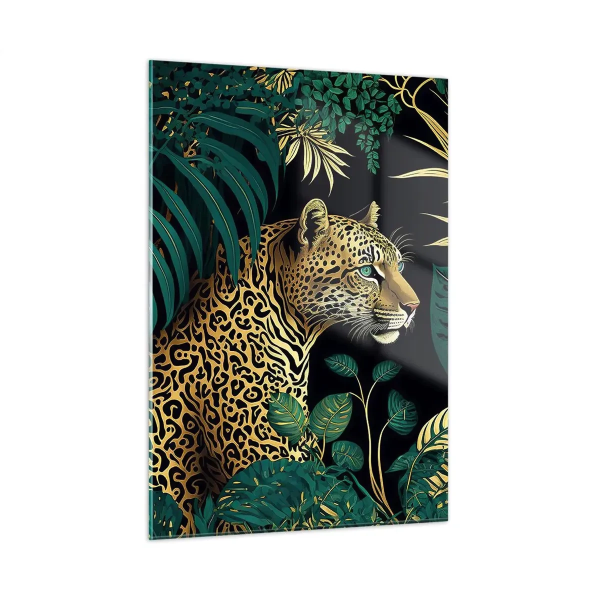 Impression sur verre - Image sur verre - Un léopard parmi des feuilles tropicales sur un fond sombre - 50x70cm - Un hôte dans la jungle - Décoration murale moderne pour le salon et la chambre ARTTOR
