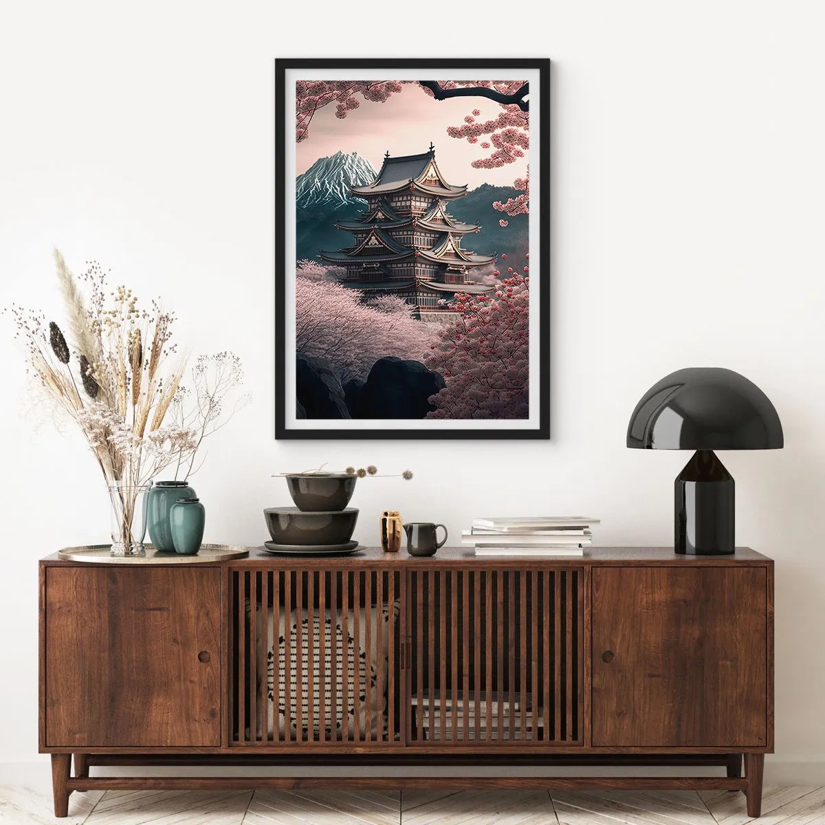 Affiche dans un cadre noir - Poster - Pagode japonaise parmi les cerisiers en fleurs - 50x70cm - Le pays des cerisiers en fleurs - Décoration murale moderne pour le salon et la chambre ARTTOR