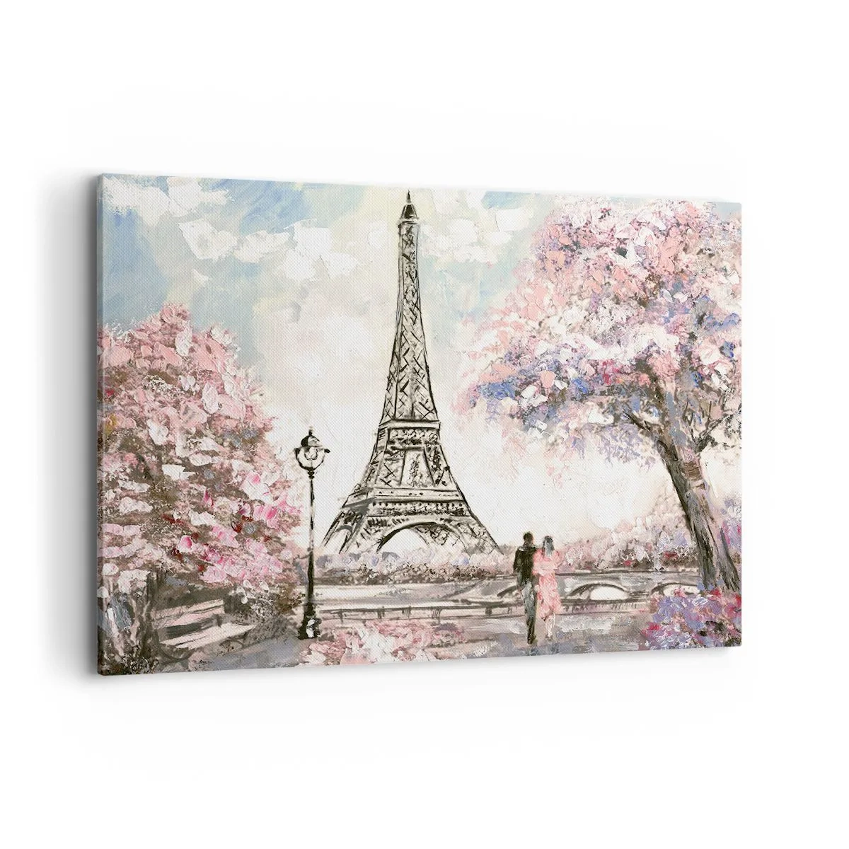 Impression sur toile - Image sur toile - La Tour Eiffel entourée d'arbres en fleurs - 120x80cm - Balade d'avril à Paris - Décoration murale moderne pour le salon et la chambre ARTTOR