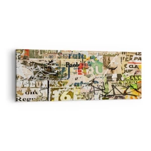 Impression sur toile - Image sur toile - Un collage de fragments de journaux et d'affiches dans un style artistique. - 140x50cm - Oh, il se passe quelque chose... - Décoration murale moderne pour le salon et la chambre ARTTOR