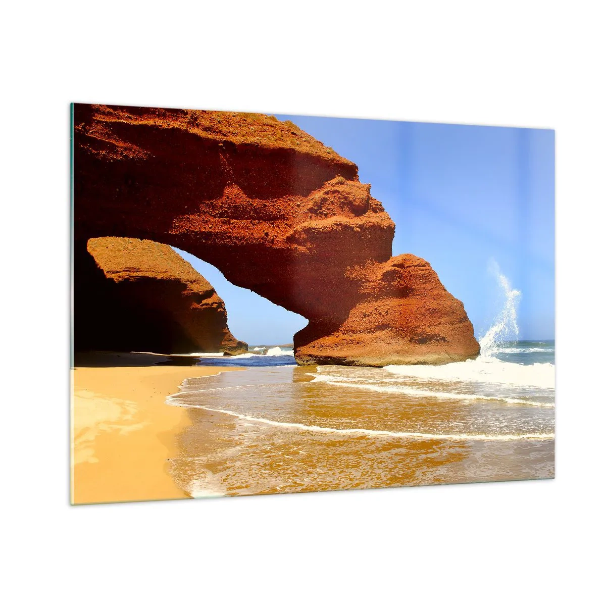 Impression sur verre - Image sur verre - Arches de roche rouge sur la plage et l'océan - 100x70cm - L'eau et le vent depuis des milliers d'années - Décoration murale moderne pour le salon et la chambre ARTTOR