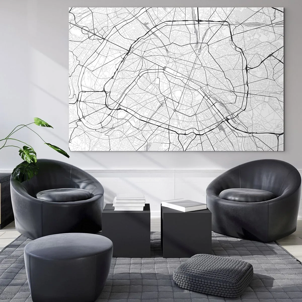 Impression sur verre - Image sur verre - Plan de la ville en noir et blanc avec quadrillage des rues et artères circulaires - 100x70cm - Fleur de Paris - Décoration murale moderne pour le salon et la chambre ARTTOR