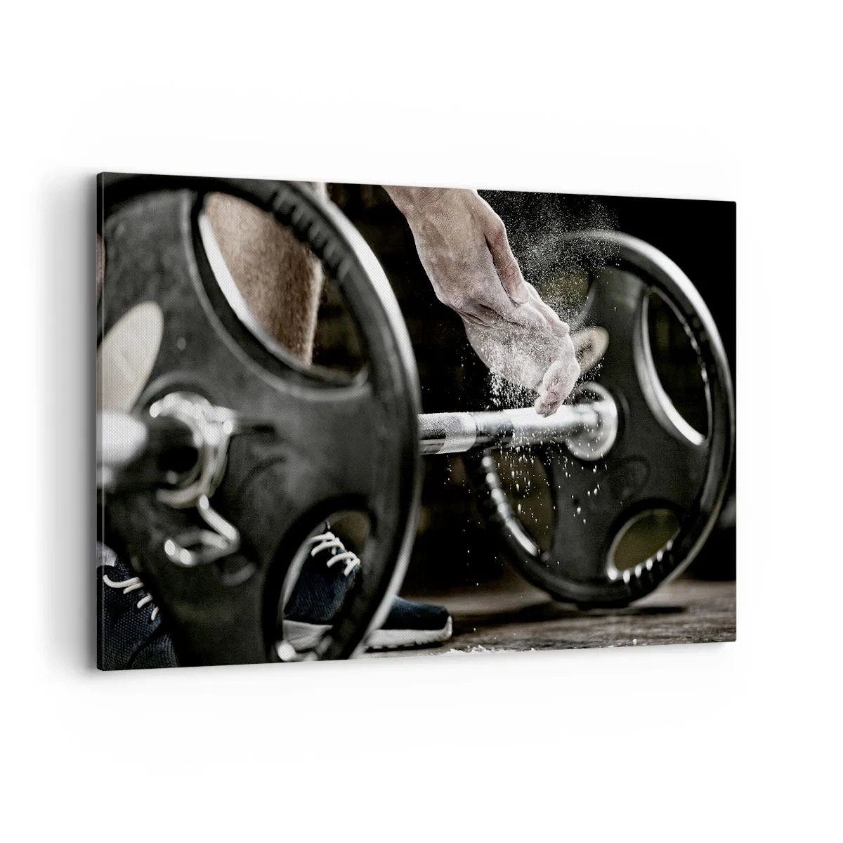 Impression sur toile - Image sur toile - Des haltères et les mains d'un athlète se préparant à l'entraînement - 120x80cm - Défi accepté! - Décoration murale moderne pour le salon et la chambre ARTTOR