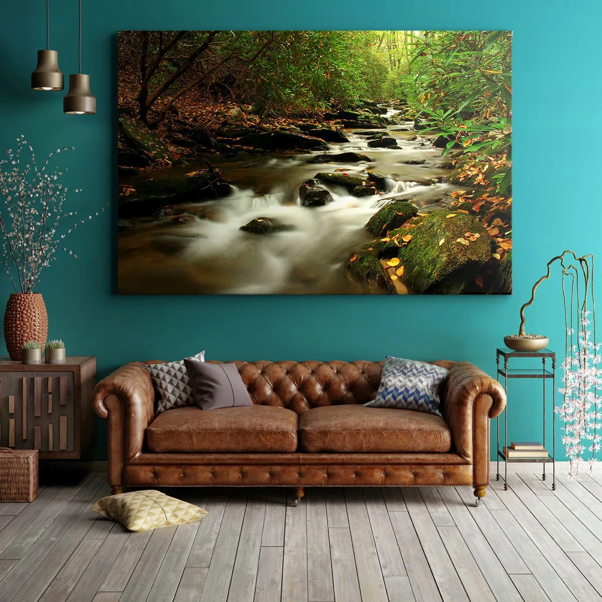 Impression sur toile - Image sur toile - Un ruisseau forestier coulant entre des pierres entourées de verdure - 70x50cm - Comme de l'argent liquide - Décoration murale moderne pour le salon et la chambre ARTTOR