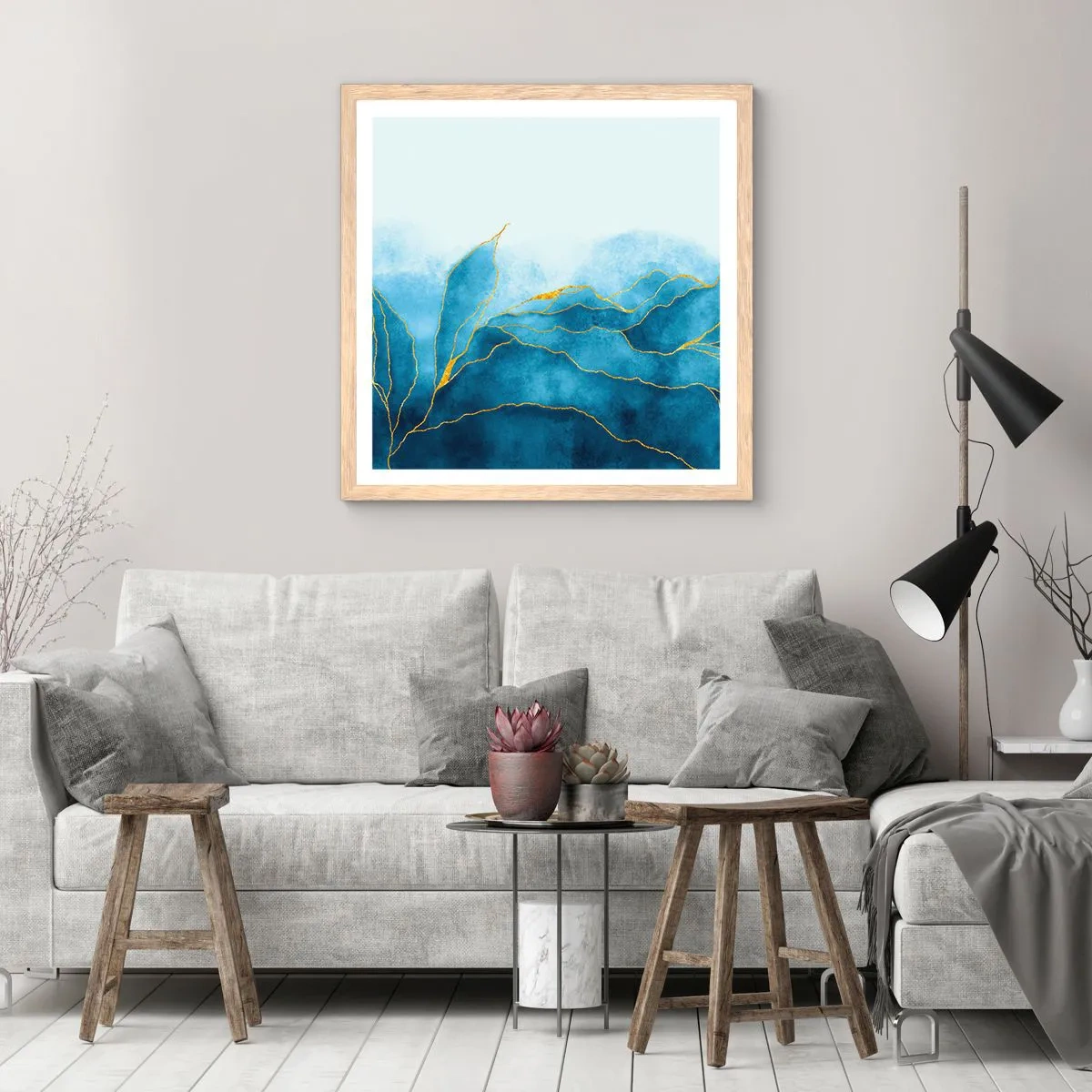 Affiche dans un chêne clair - Poster - Bleu doré - 60x60 cm