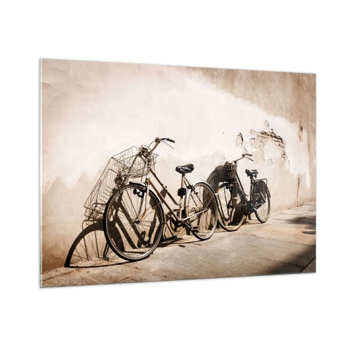Impression sur verre - Image sur verre - Vélos rétro appuyés contre un vieux mur - 100x70cm - Le charme inoubliable du passé - Décoration murale moderne pour le salon et la chambre ARTTOR