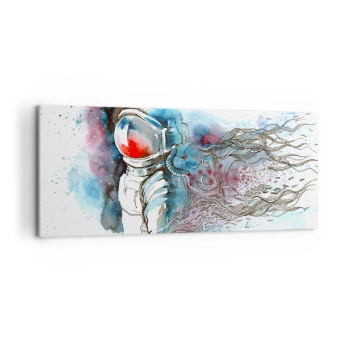 Impression sur toile - Image sur toile - Un cosmonaute dans une aquarelle dynamique avec des détails cosmiques - 120x50cm - Seul avec l'espace - Décoration murale moderne pour le salon et la chambre ARTTOR