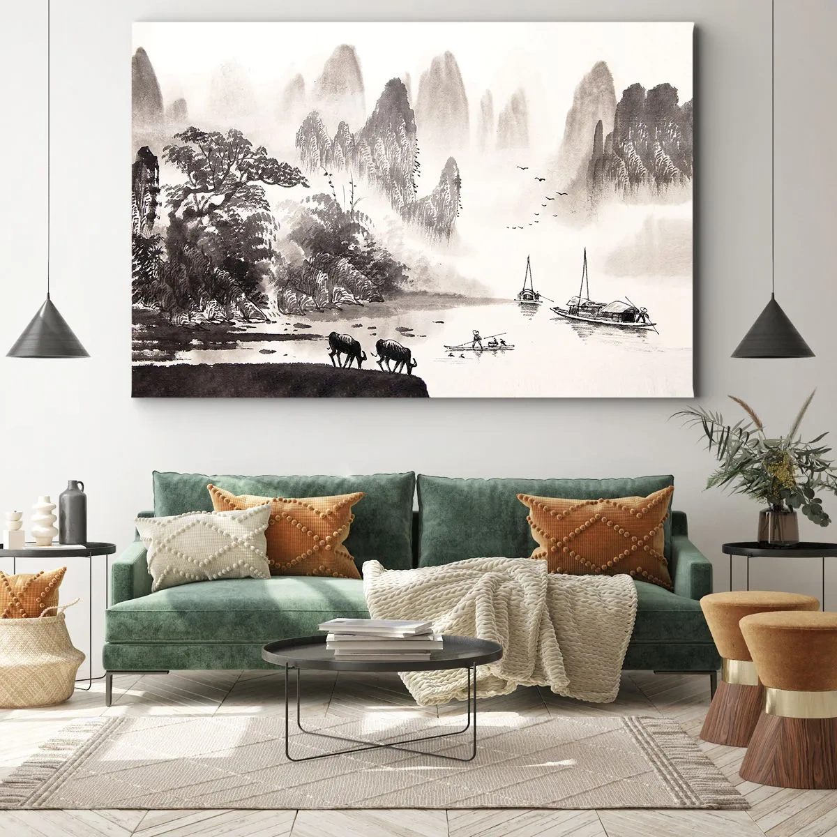 Impression sur toile - Image sur toile - Un paysage pittoresque de style asiatique avec des montagnes brumeuses - 100x70cm - Le quotidien exotique de l'Orient - Décoration murale moderne pour le salon et la chambre ARTTOR