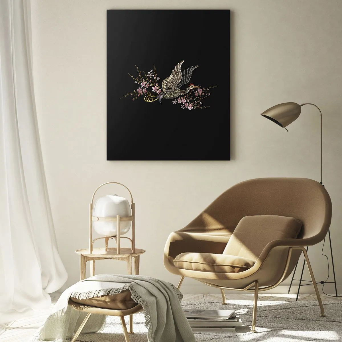 Impression sur verre - Image sur verre - Un oiseau en vol avec des fleurs sur fond noir - 80x120cm - Oiseau brodé exotique - Décoration murale moderne pour le salon et la chambre ARTTOR