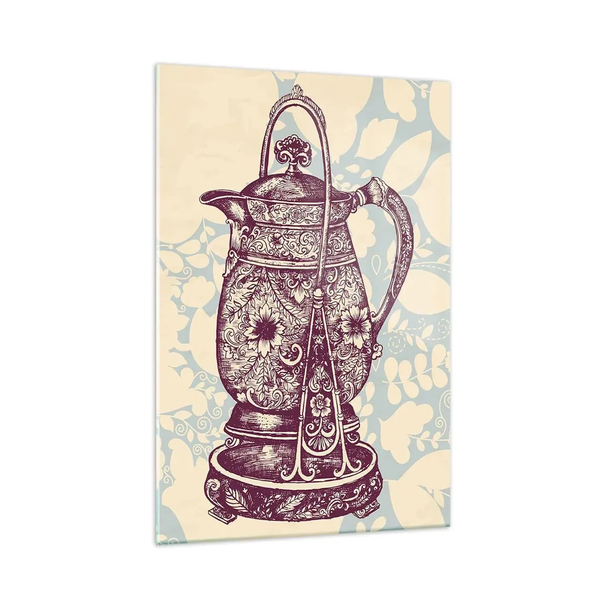 Impression sur verre - Image sur verre - Cruche stylisée avec ornements sur fond floral - 70x100cm - La beauté du quotidien - Décoration murale moderne pour le salon et la chambre ARTTOR