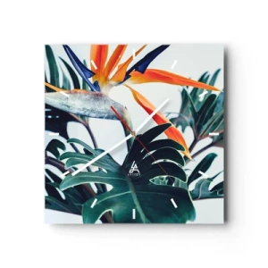 Horloge murale - Pendule murale - Fleur de Strelitzia entourée de feuilles sous une lumière vive - 30x30cm - Le buisson oiseaux - Décoration murale moderne pour le salon et la chambre ARTTOR