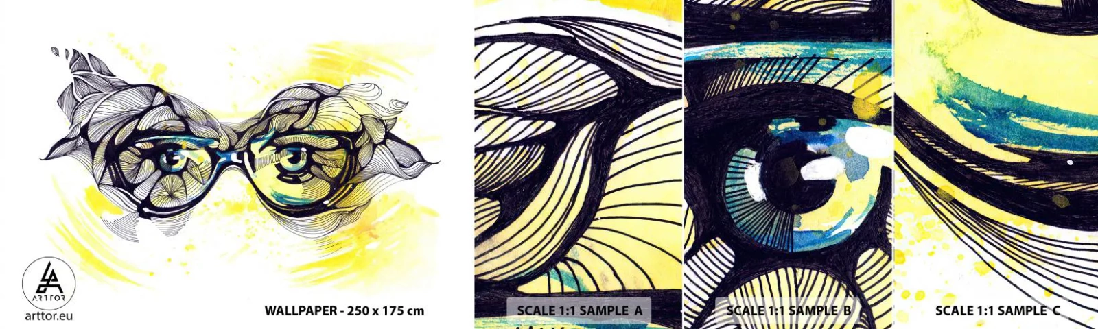 Échantillon de Papier Peint Autocollant Deluxe Sticker - À travers des lunettes bleues - Abstraction, Lunettes pour femmes, Yeux féminins - 100x30 cm