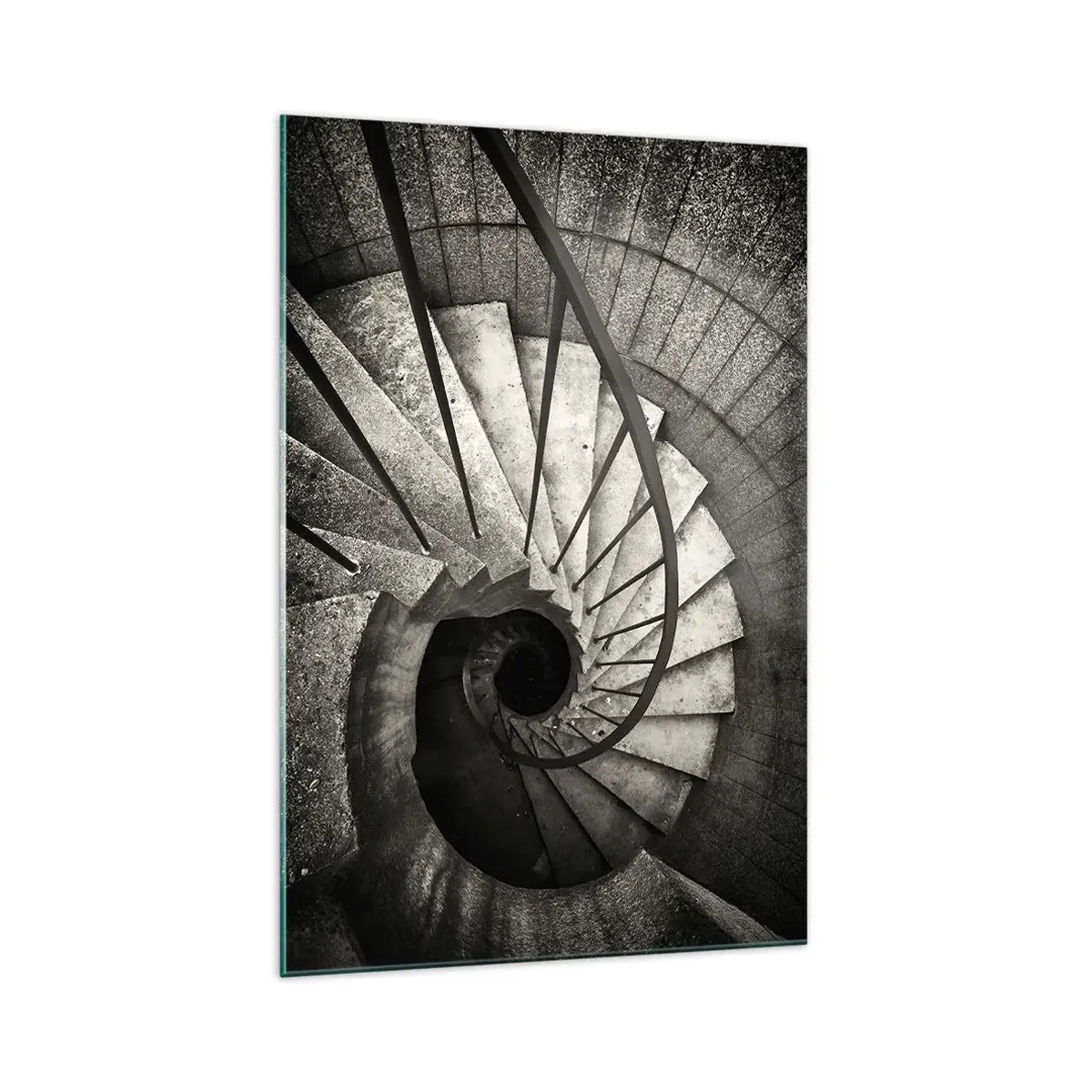 Impression sur verre - Image sur verre - Escalier en colimaçon noir et blanc de style moderne - 70x100cm - En haut des escaliers, en bas des escaliers - Décoration murale moderne pour le salon et la chambre ARTTOR