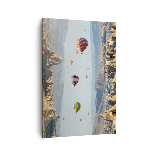 Impression sur toile - Image sur toile - Ballons colorés au-dessus d'un paysage rocheux - 70x100cm - Ici, tout est possible - Décoration murale moderne pour le salon et la chambre ARTTOR