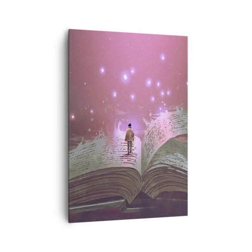 Impression sur toile - Image sur toile - Une silhouette marche sur un livre ouvert dans une lumière magique. - 70x100cm - Invitation à un autre monde - lisez ! - Décoration murale moderne pour le salon et la chambre ARTTOR