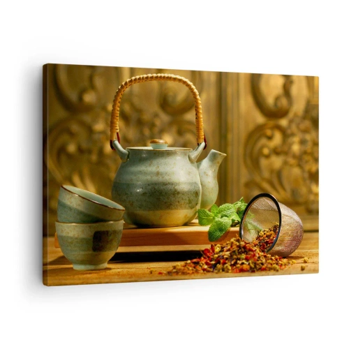 Impression sur toile - Image sur toile - Pichet en céramique avec tasses et thé séché - 70x50cm - Un traité sur la consommation de thé - Décoration murale moderne pour le salon et la chambre ARTTOR