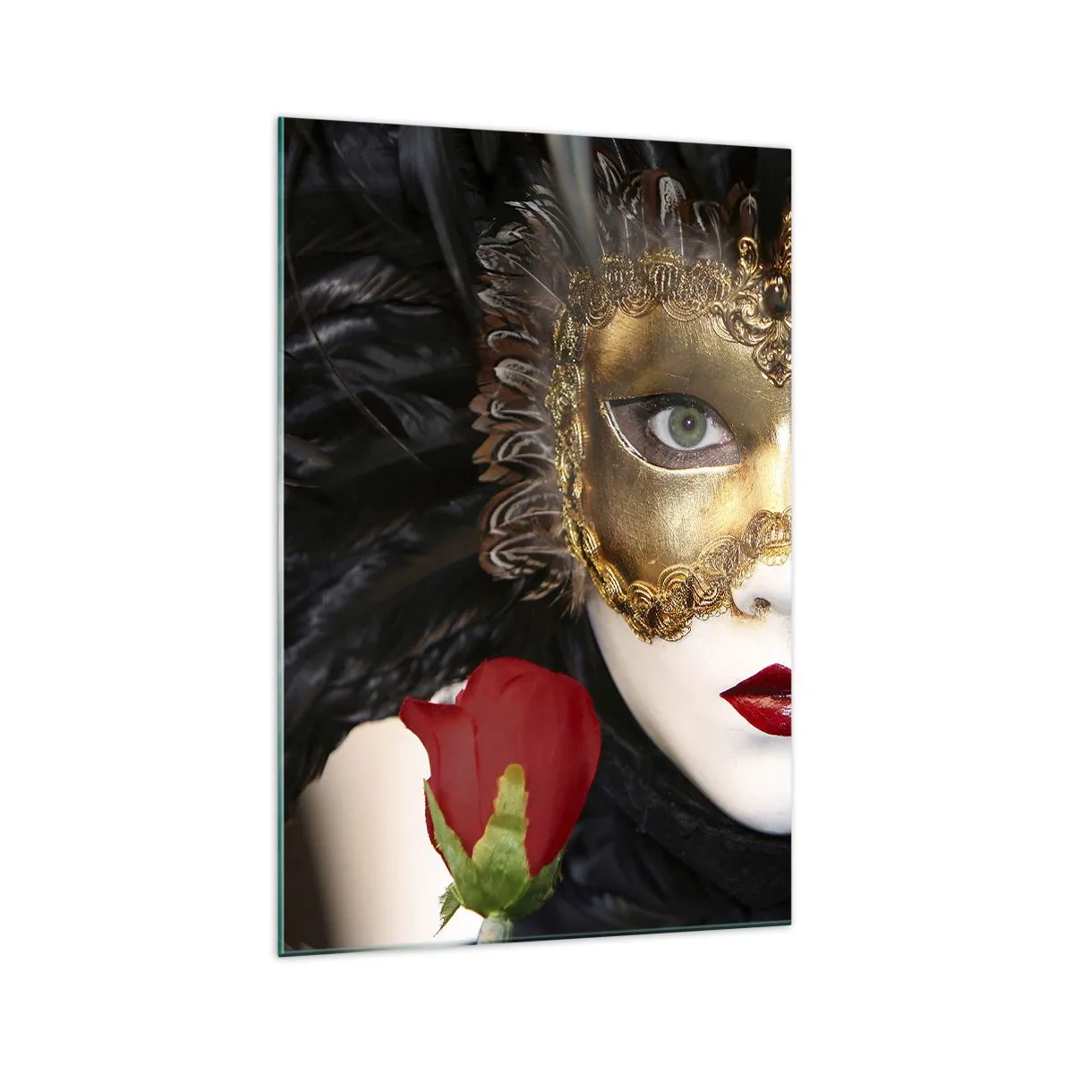 Impression sur verre - Image sur verre - Masque vénitien doré avec plumes et rose rouge, motif mystérieux. - 70x100cm - Parce que la vie est un grand bal - Décoration murale moderne pour le salon et la chambre ARTTOR