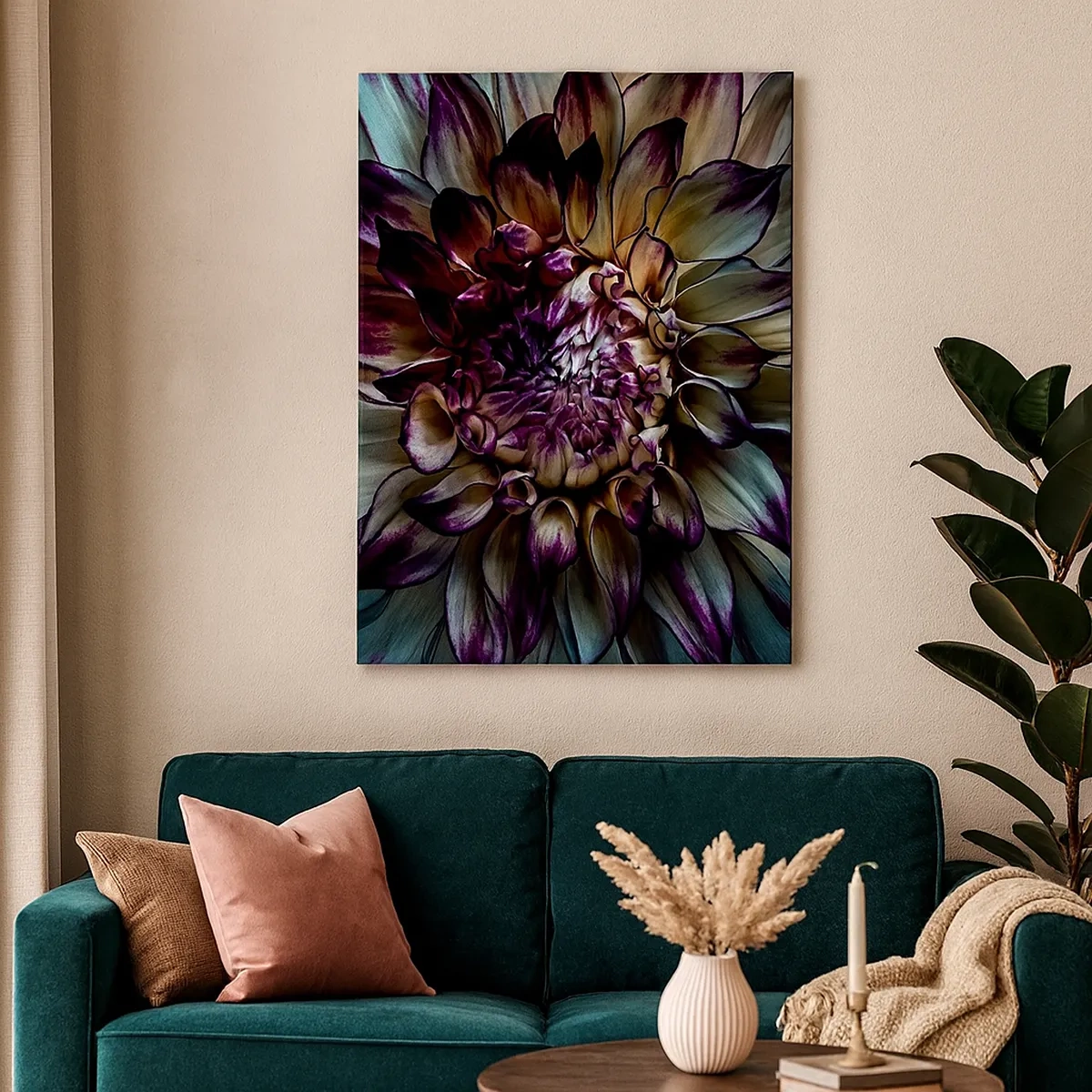 Impression sur toile - Image sur toile - Gros plan d'une fleur de dahlia dans des tons sombres - 50x70cm - L'apogée de la jeunesse - Décoration murale moderne pour le salon et la chambre ARTTOR