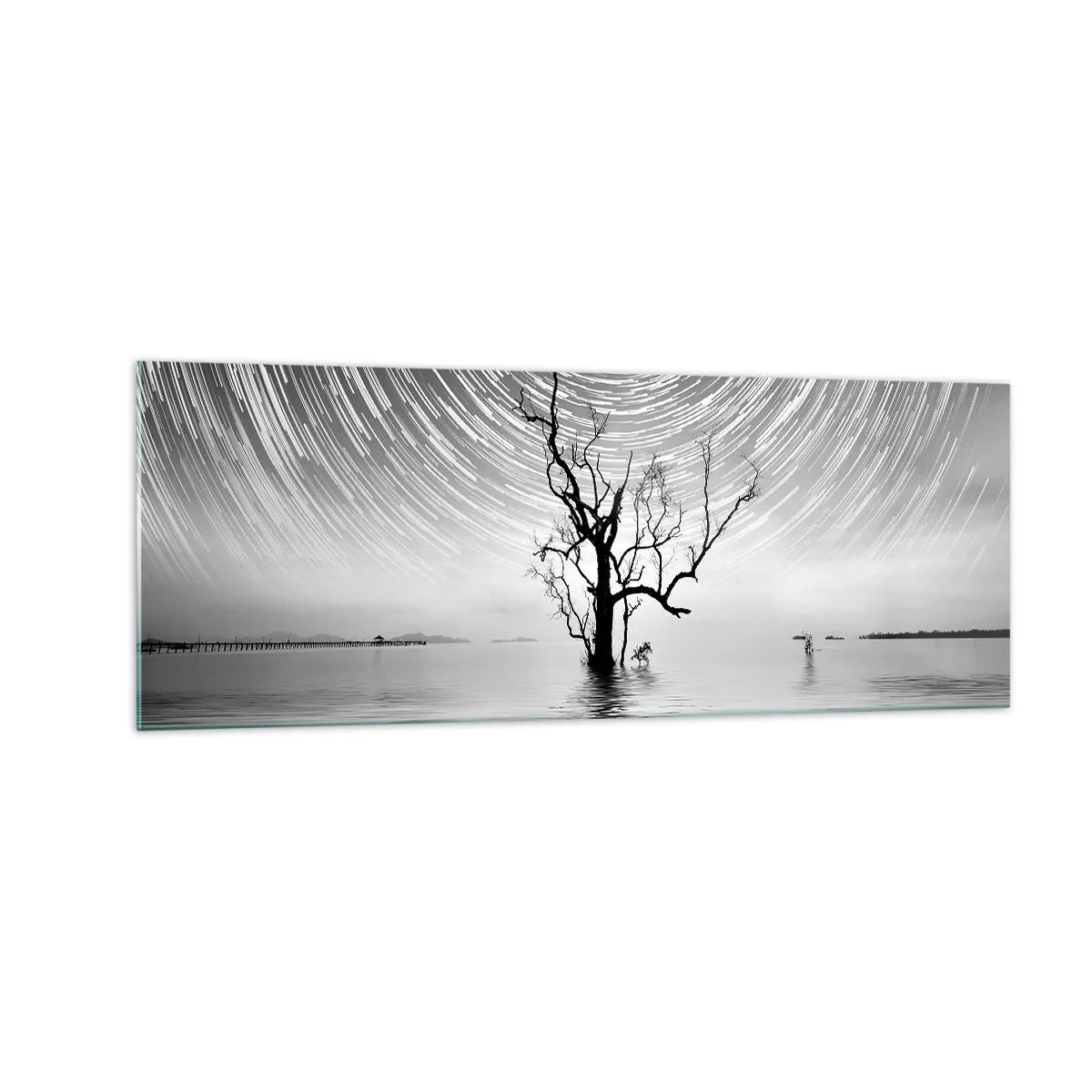 Impression sur verre - Image sur verre - Un arbre dans l'eau sous un ciel nocturne avec des étoiles en mouvement - 140x50cm - La symphonie de la nature - Décoration murale moderne pour le salon et la chambre ARTTOR