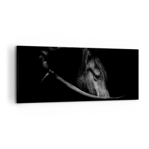 Impression sur toile - Image sur toile - Portrait en noir et blanc d'un cheval avec un jeu subtil de lumière et d'ombre sur un fond sombre. - 120x50cm - Prince Noir - Décoration murale moderne pour le salon et la chambre ARTTOR