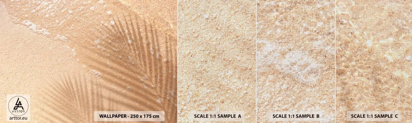 Échantillon de Papier Peint Premium Canvas - Ombre d'un été chaud - Abstraction, Sable sur la plage, Feuilles - 100x30 cm