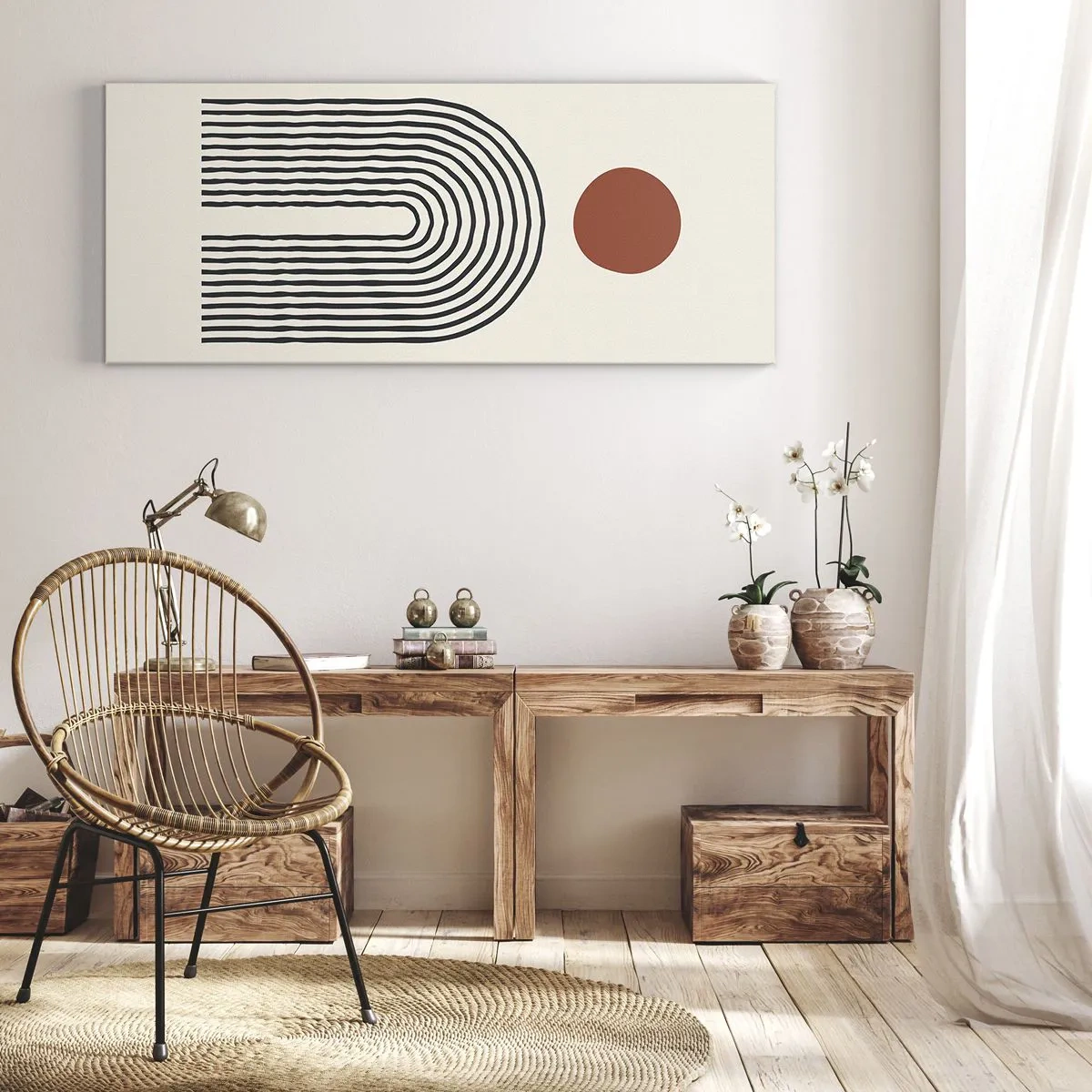 Impression sur toile - Image sur toile - Motif abstrait moderne avec des lignes et un cercle rouge - 120x50cm - Le magnétisme des formes et des couleurs - Décoration murale moderne pour le salon et la chambre ARTTOR