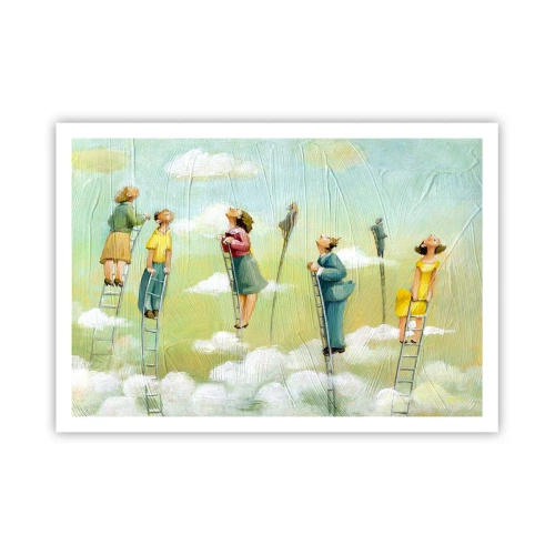 Affiche - Poster - Personnages grimpant sur des échelles parmi des nuages sur un fond pastel. - 100x70cm - Derrière ton rêve - Décoration murale moderne pour le salon et la chambre ARTTOR