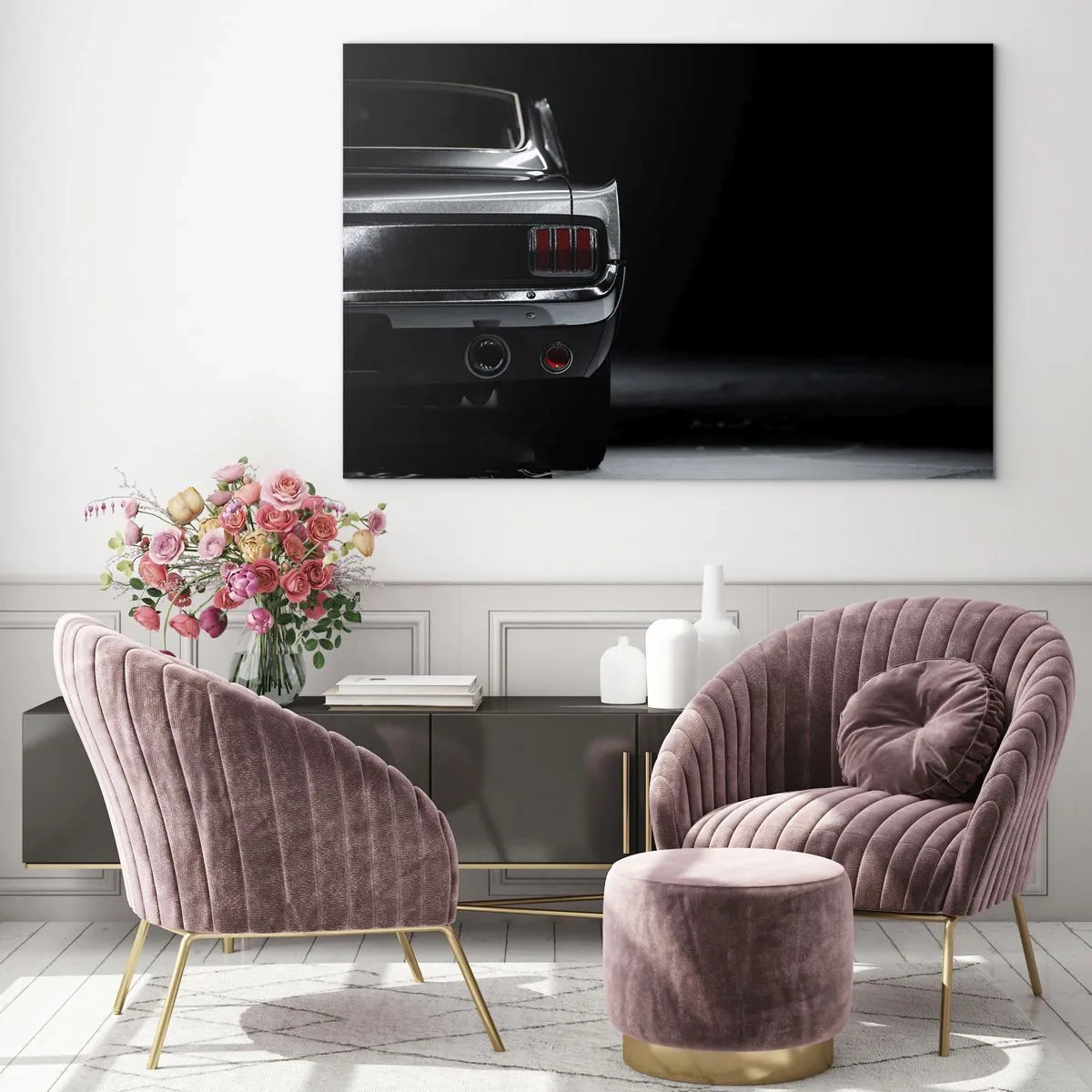 Impression sur verre - Image sur verre - L'arrière d'une voiture classique dans un intérieur sombre et élégant - 120x80cm - Le charme du classique - Décoration murale moderne pour le salon et la chambre ARTTOR