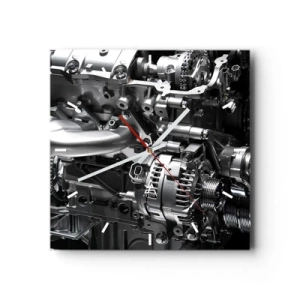 Horloge murale - Pendule murale - Gros plan de pièces de moteur en métal sur fond noir - 30x30cm - Acier, beau, fort - Décoration murale moderne pour le salon et la chambre ARTTOR