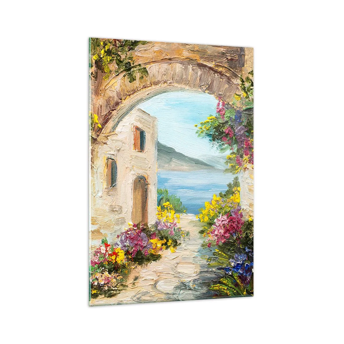 Impression sur verre - Image sur verre - Paysage de bord de mer avec des bâtiments en pierre et des fleurs - 70x100cm - Le charme d'une province côtière - Décoration murale moderne pour le salon et la chambre ARTTOR