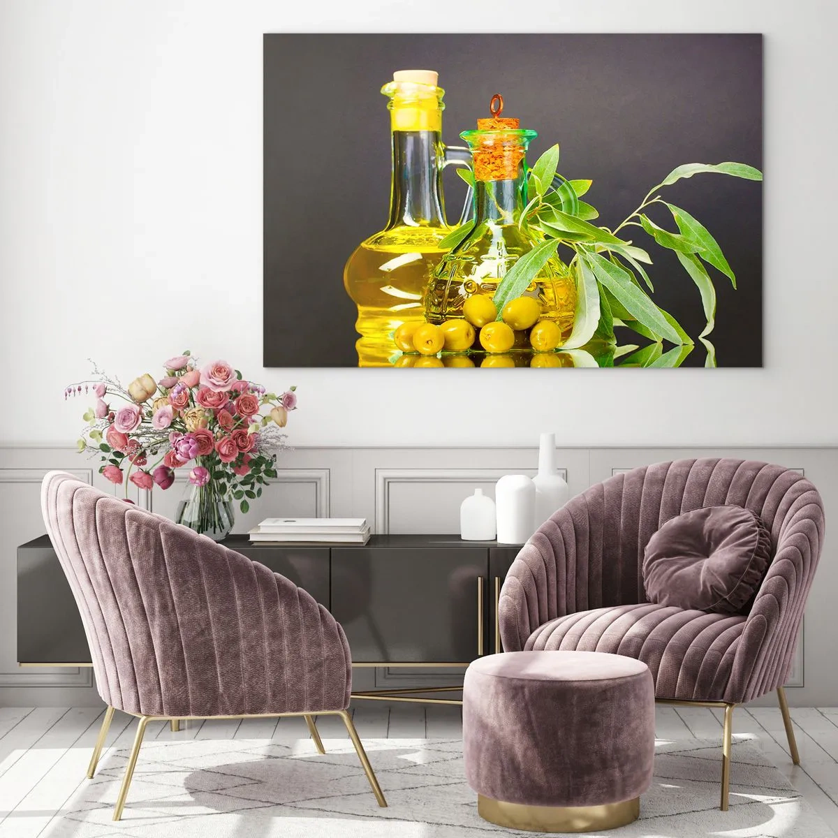 Impression sur verre - Image sur verre - Bouteilles d'huile d'olive et une branche d'oliviers en arrière-plan - 100x70cm - Nature morte aux olives et à l'huile d'olive - Décoration murale moderne pour le salon et la chambre ARTTOR