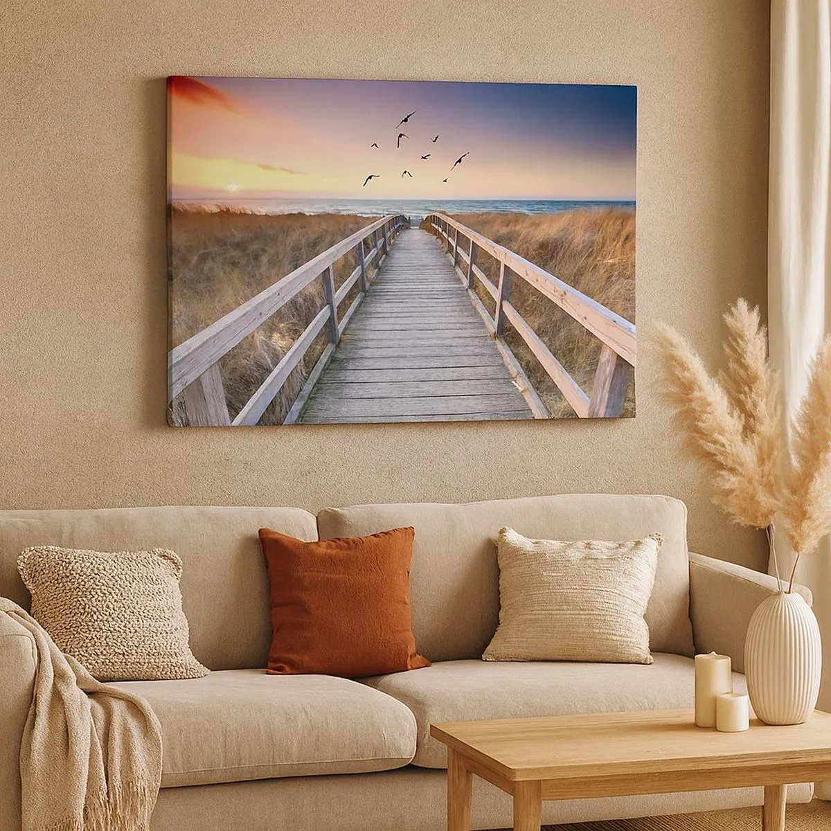 Impression sur toile - Image sur toile - Jetée en bois menant à la plage au coucher du soleil - 70x50cm - Envol des espaces - Décoration murale moderne pour le salon et la chambre ARTTOR