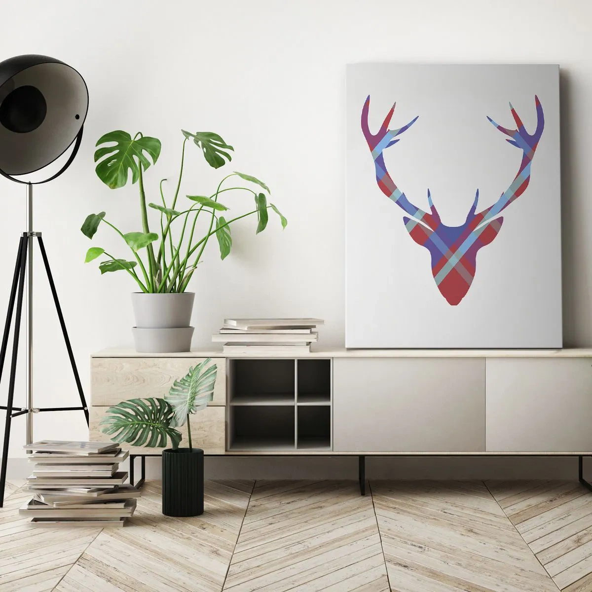 Impression sur toile - Image sur toile - Image géométrique d'un cerf sur fond clair - 80x120cm - Cerf écossais - Décoration murale moderne pour le salon et la chambre ARTTOR