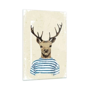 Impression sur verre - Image sur verre - Un cerf en chemise rayée sur un fond clair avec une texture délicate - 80x120cm - Parce que j'aime les chemises rayées - Décoration murale moderne pour le salon et la chambre ARTTOR