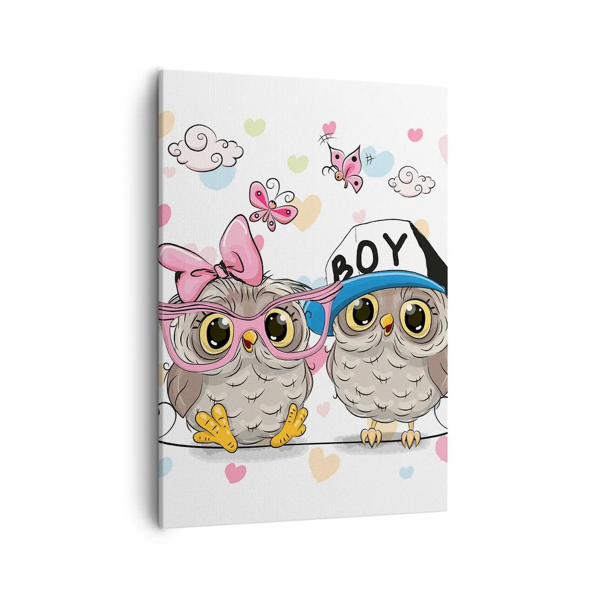 Impression sur toile - Image sur toile - Deux adorables hiboux entourés de cœurs - 50x70cm - On s'aime! - Décoration murale moderne pour le salon et la chambre ARTTOR